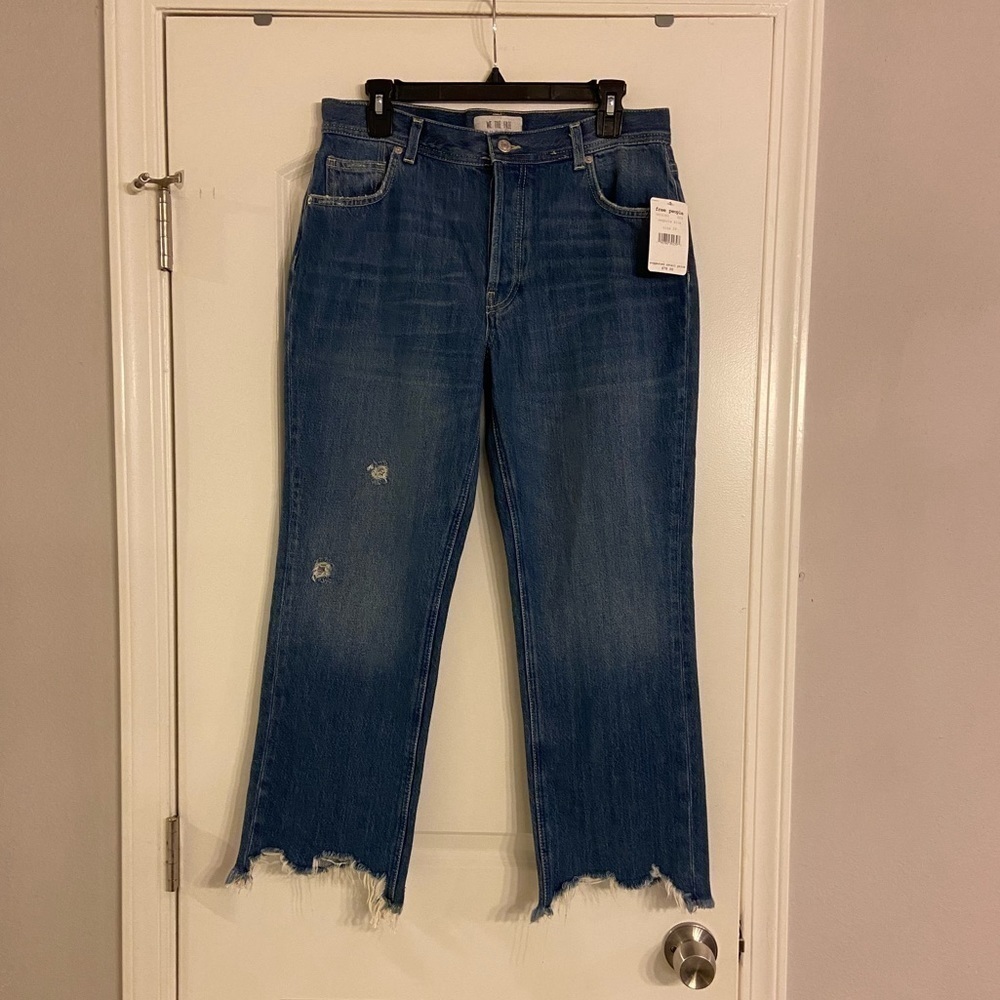 Free people mid-Rise straight-Leg jeans distressed raw-Hem button-Fly sz…